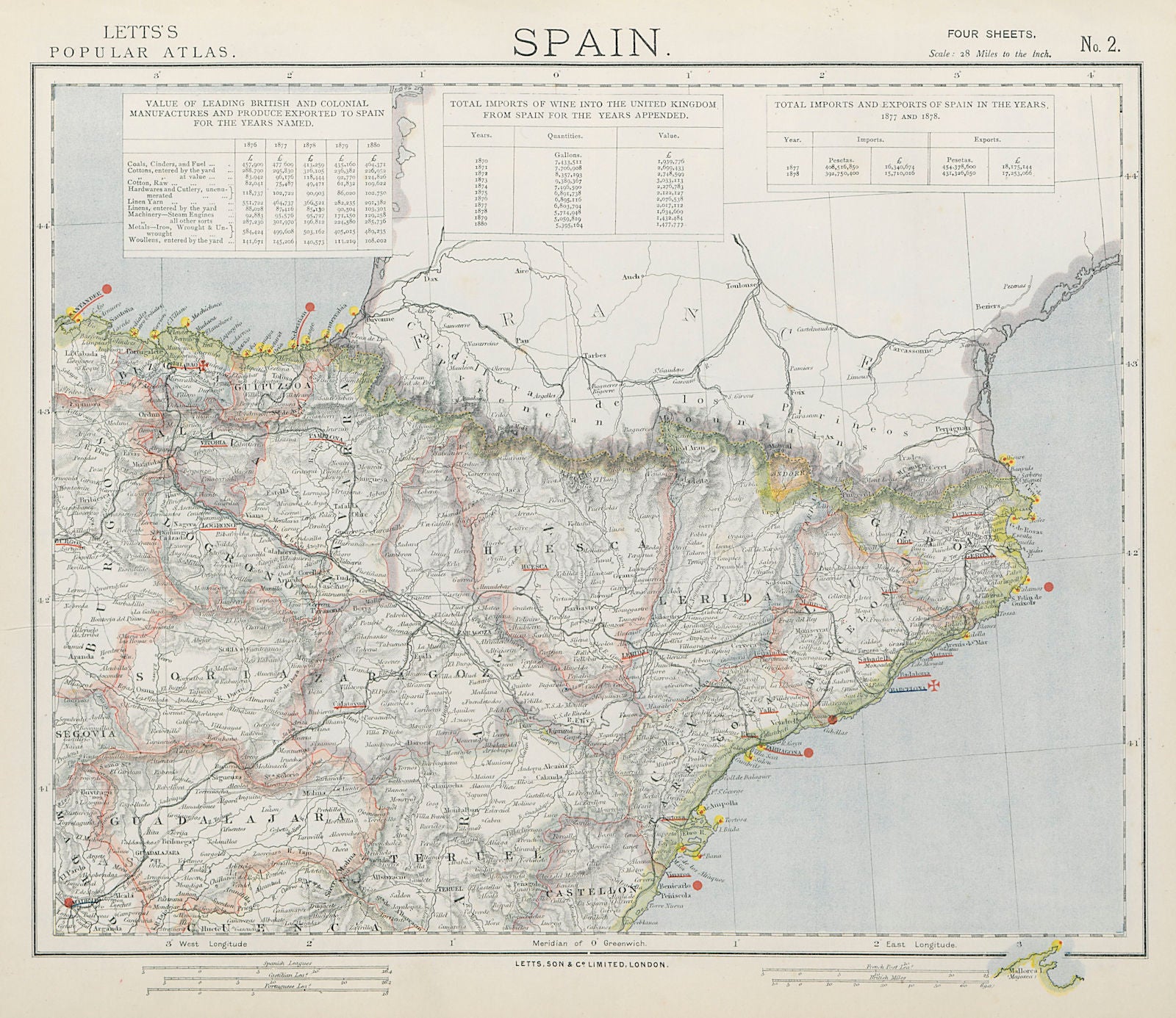 SPAIN NORTH EAST. Catalonia Aragon Navarra. Railways Lighthouses. LETTS 1884 map
